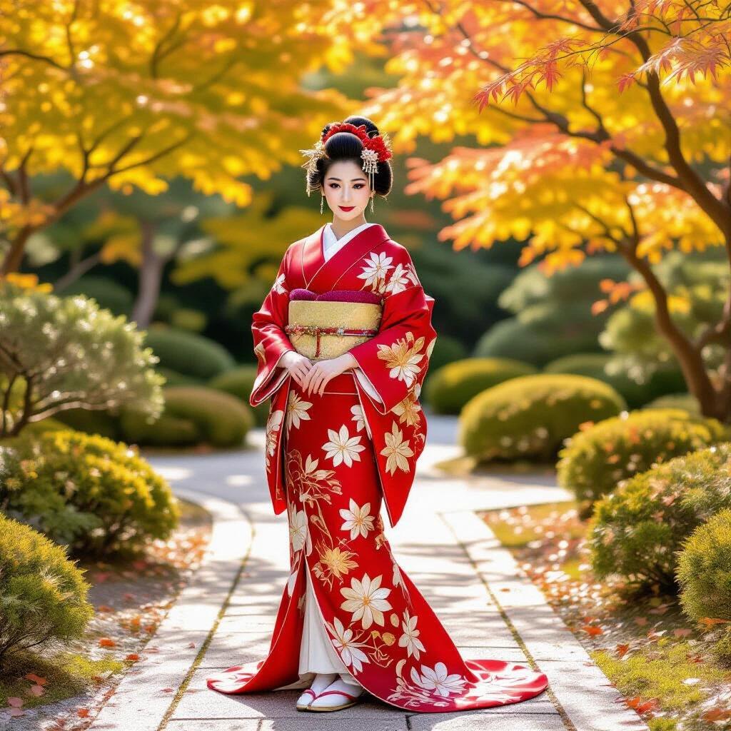 Japanese woman wears a luxurious red and gold kimono. The kimono features bold designs with floral patterns. She stands in a beautiful Japanese garden under autumn foliage. The outfit has delicate lace sleeves and a deep V-neck. Long fabric flows elegantly in the wind. Black hair sways gracefully. Smile reflects elegance and calmness.