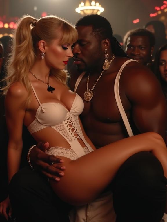 A nightclub scene features a couple. The woman has long blonde twintails and big blue eyes. She wears a stylish tight white laceup bustier, black spade pendant, suspenders, garter belt, and high heeled shoes. Her partner is a large black rapper holding her in his arms. Other men crowd around them closely. The woman looks at the viewer. A surprised boyfriend watches from the side. Scene responds to nightlife and celebrity culture.