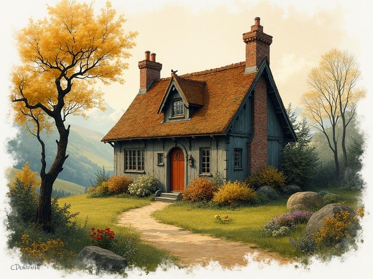 English cottage in a fantasy landscape surrounded by vibrant greenery and flowers. Soft warm lighting reflects a magical atmosphere. Detailed watercolor style with splashy white borders. Attractive view with luxury colors and golden accents. Eclectic attire layered clothing elements.