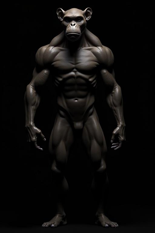 Image portrays a humanoid figure with prominent muscles resembling a human and a primate. Figure stands tall on two legs. Skin tone is dark with noticeable muscle definition. One arm is relaxed, the other slightly raised. The strong presence is contrasted against a black background.