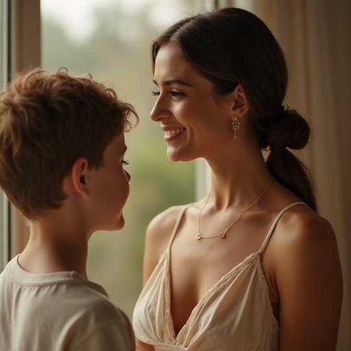 Romantic movie scene showing a beautiful woman meeting a boy at a foster home. Side view composition capturing their interaction. She wears a sundress with a low cut. Image has a high resolution with slight compression artifacts. Over-saturation and bright colors give an unpolished aesthetic as seen in earlier Instagram uploads.