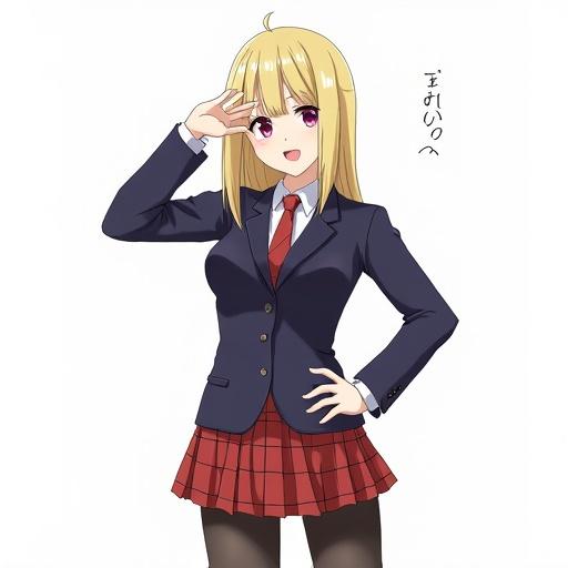 Anime character in school uniform with hand on hip. Arm raised holding head. Long blonde hair and expressive eyes. Wearing a red skirt and black tights. Standing confidently in a vibrant pose.