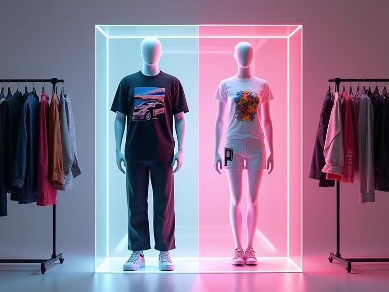 High-resolution VK group cover featuring two transparent glass mannequins at the center. Male mannequin on the left dressed in oversized black t-shirt with car print and wide black pants. Female mannequin on the right in fitted white t-shirt with vibrant print and white shorts. Clothing racks flanking them with hanging garments. Bold, modern 'Picture Code' logo above with subtitle 'DTF Printing'.