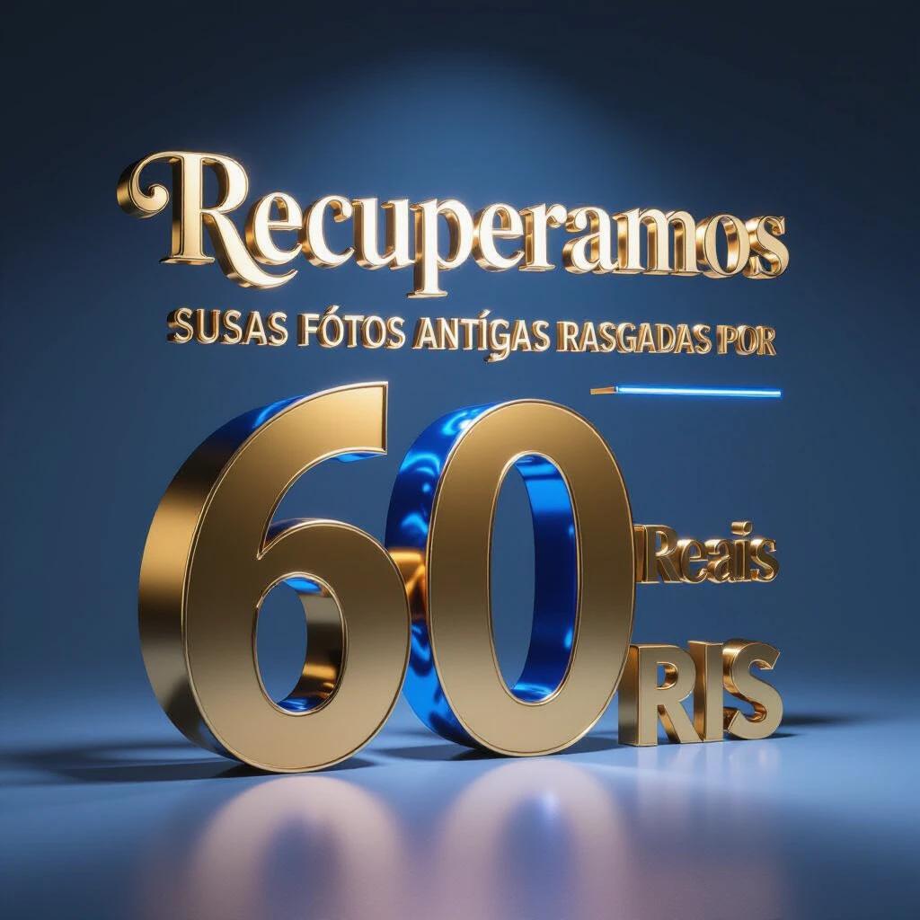 Ultra-realistic 3D scene featuring massive 3D text 'RECUPERAMOS SUAS FOTOS ANTIGAS RASGADAS POR 60 REAIS' in brushed gold with blue edges. Dramatic perspective with floating photo pieces and glowing restoration tools. Studio-like environment with volumetric lighting and particle effects.