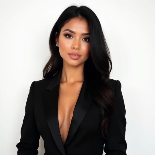 An official portrait of a person. Wears a black suit with sharp features and subtle makeup. Hair styled to show frontal view. Background is white. Shoulders are visible. Image quality is high and gives luxurious vibes.