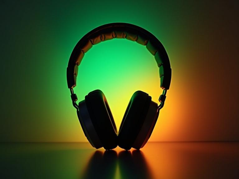 Noise canceling headphone with colorful light. Light green and dark orange color combination. Digital gradient blend of light green and light orange tones. Neon and fluorescent light ambiance.