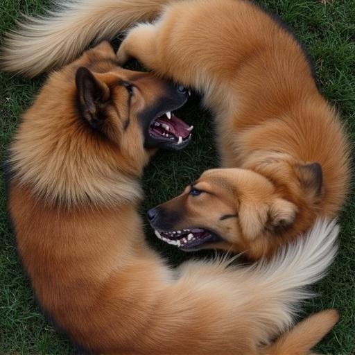 Two Belgian Tervuren dogs are curled around each other. The view is from above. Both dogs are in a circle. Their heads are cocked, and they show their teeth.