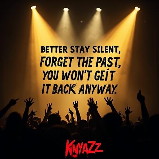 Dynamic concert-themed print by KnyaZz. Dark stage with haze illuminated by yellow-orange spotlights. Iconic lyrics in rough hand-drawn font as if backlit. Bold 'KnyaZz' logo at the bottom. Faint microphone and guitar silhouettes in edges create live vibe. Mood is rebellious and nostalgic.