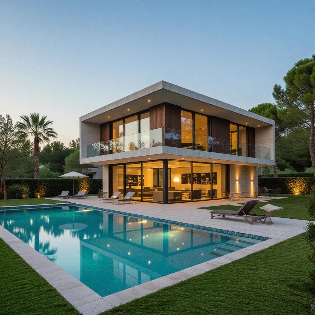 A modern villa by a lake surrounded by landscaping. Spacious outdoor pool in the foreground. Evening setting with soft natural light. Large glass windows enhance the view.