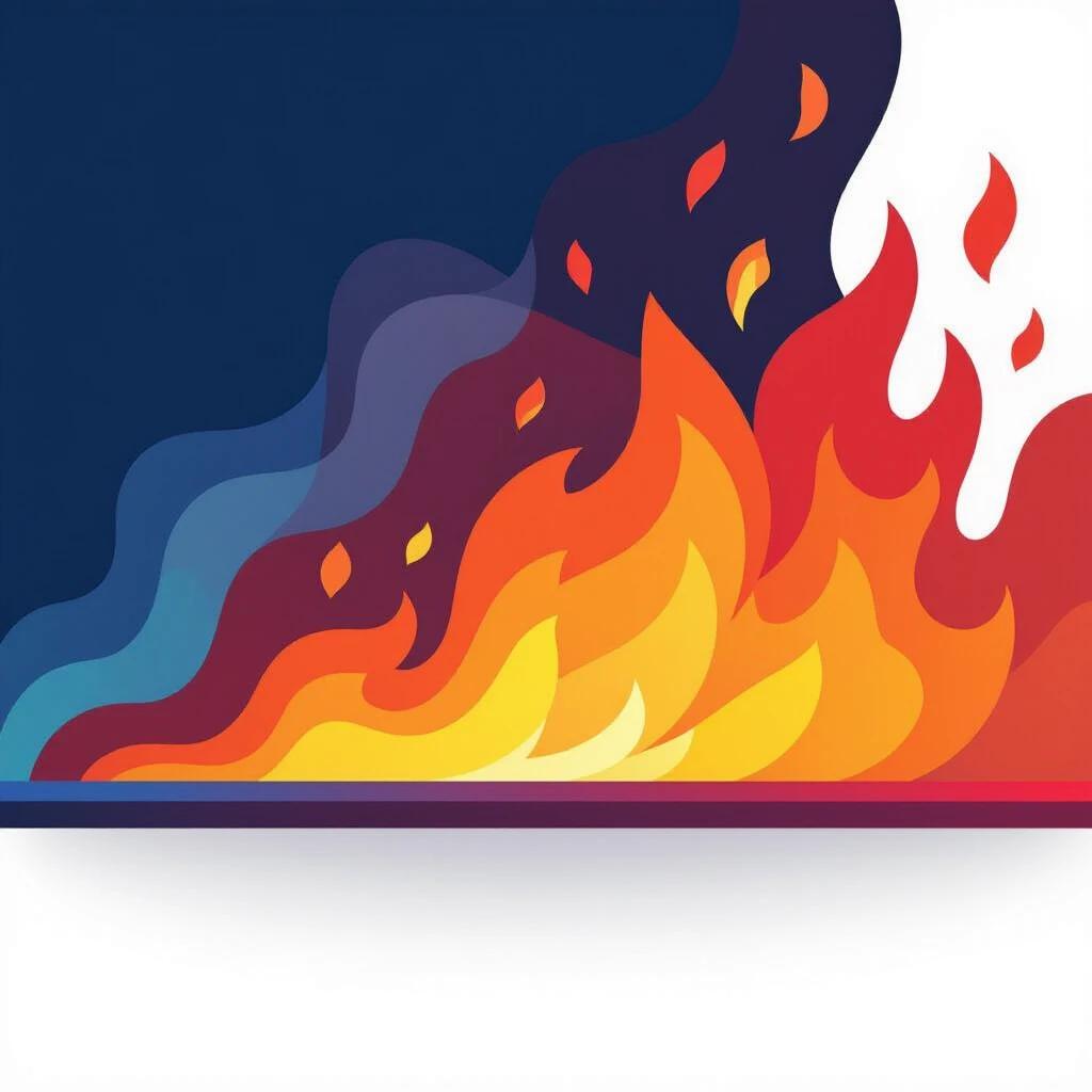 A flat vector design of a horizontal bar. The left side has a blue gradient. The right side features stylized flames in orange and red. The design exhibits clean lines and simple shapes. The background is plain white.
