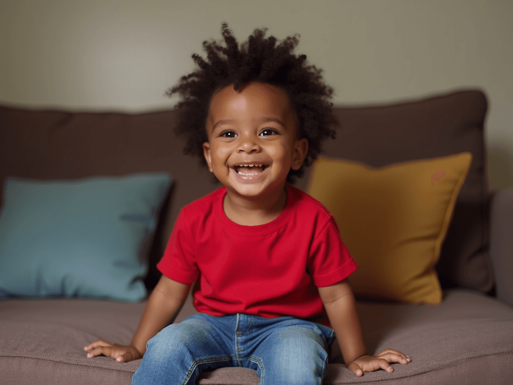 A smiling child with curly hair, wearing a red shirt and blue jeans, sits joyfully on a couch with colorful cushions.