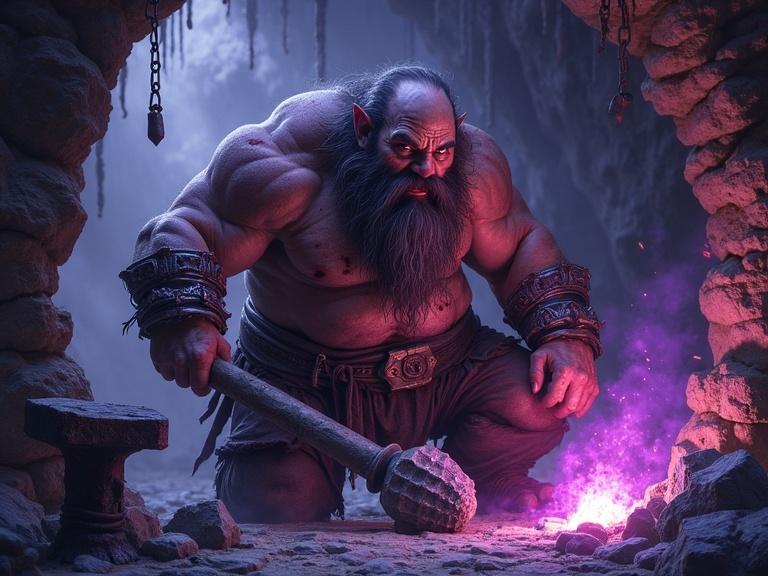 Malevolent dwarf crafting in darkforge caves. Near a forge and anvil. Dwarf has a large hammer and a purple aura. Mutters while working on steel creations of evil.