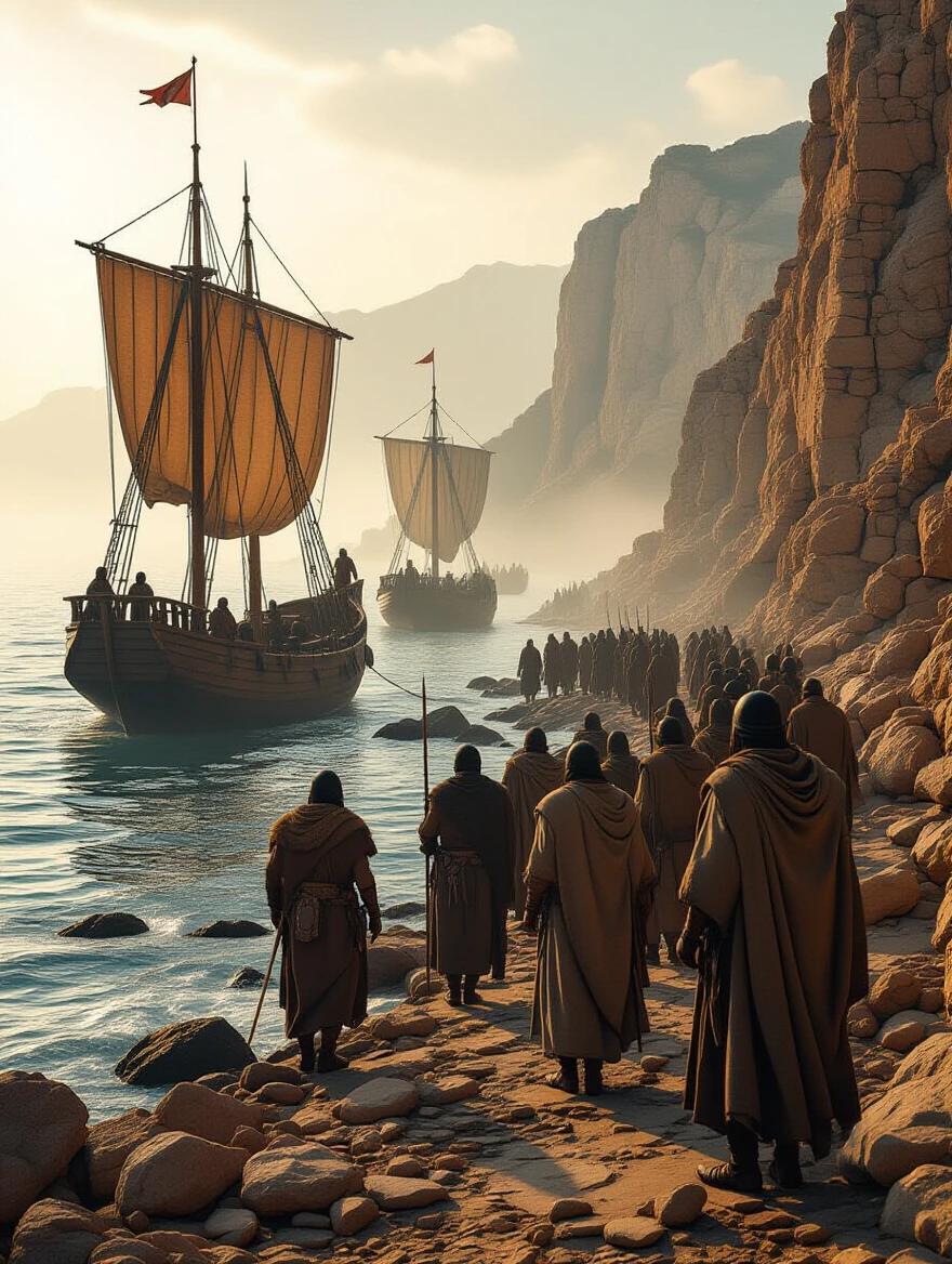 A realistic digital painting depicting 8th-century North African-Berber warriors landing on a rocky coast. The scene is in early morning mist with a muted, earthy color palette. Anchored ships with raised sails are in the background. Soldiers in layered robes carry shields and scimitars. Horses are led onto the shore with distant Iberian hills in view. The lighting highlights figures softly and emphasizes features.