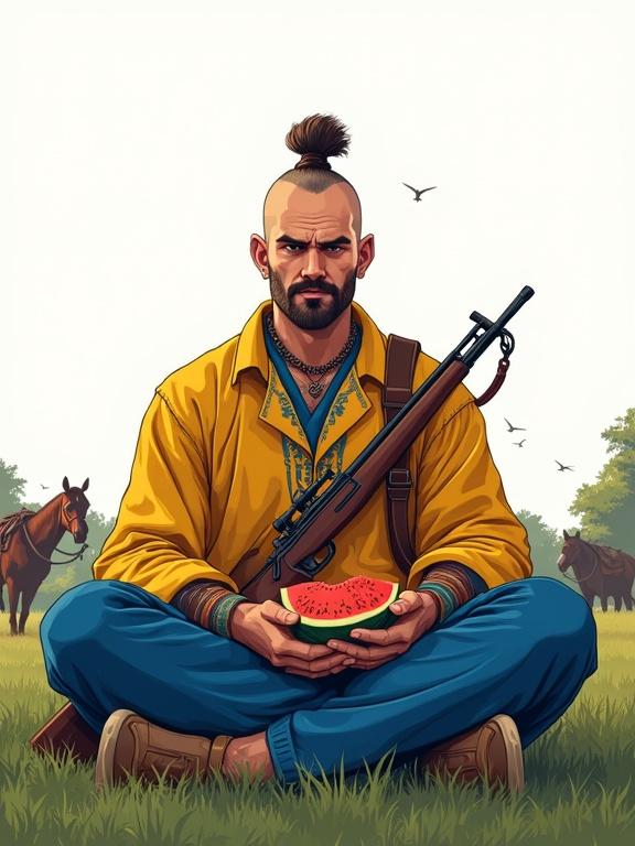 Cossack figure wearing a yellow embroidered shirt with blue pants sits cross-legged on the grass. In the right hand, he holds a half-cut watermelon. In the left hand, he has an M-18 sniper rifle. The background features a grazing horse and three war drones in the sky. The style is dynamic and colorful like a comic book. Epic view is captured.