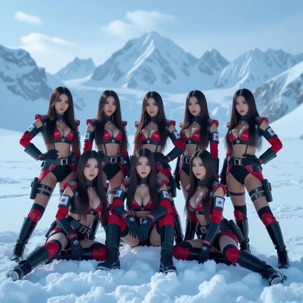 A group of eight women with distinct Oriental features poses confidently in a snow-covered landscape. They wear colorful futuristic military outfits with accessories like gun holsters and belts. Some stand tall while others rest on the snow, showing strong poses. The backdrop features icy mountains and a bright blue sky, creating a stark contrast with their fierce appearance.