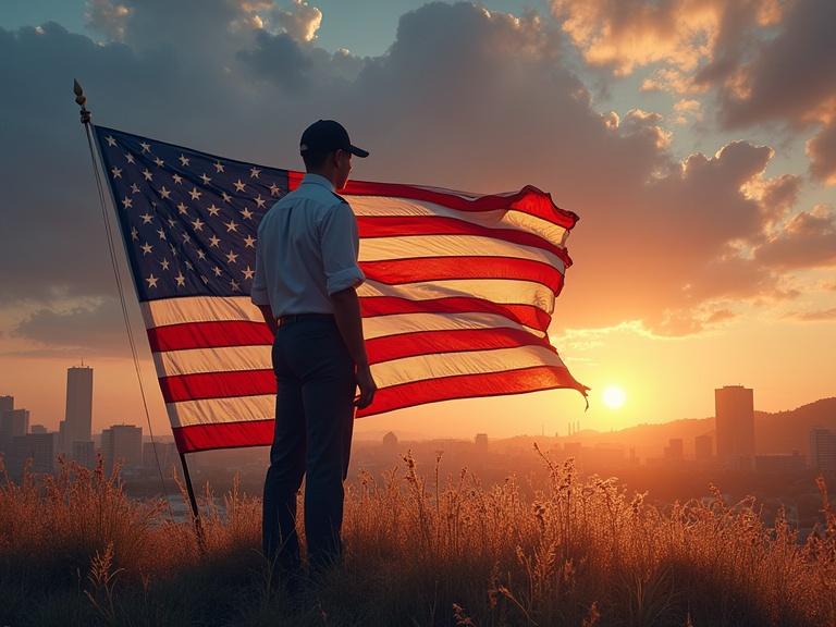 A person holding an American flag during sunset. The scene captures the spirit of freedom and resilience. The city skyline is visible in the background. The atmosphere evokes a sense of unity and pride.