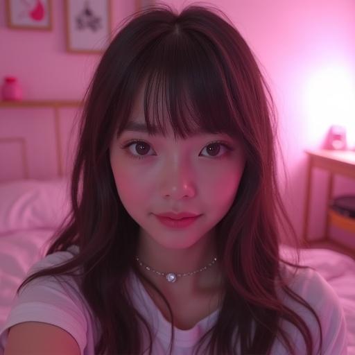 Realistic selfie depicting an egirl with a round face and brunette hair in a pink and white gaming bedroom with a slightly blurry background