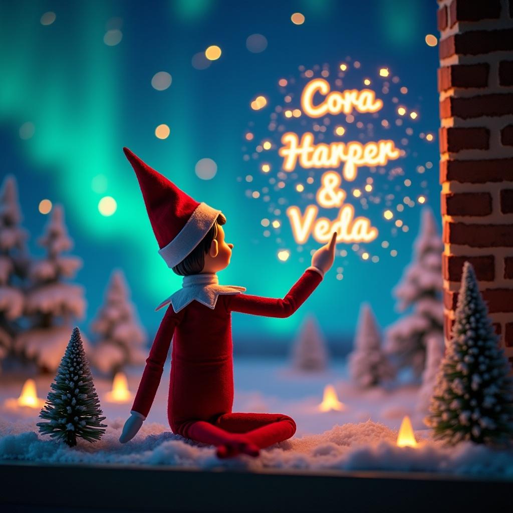 An enchanting Christmas scene features an elf on the shelf, facing the sky. The elf, dressed in red and white, wields a magic wand. He is writing names 'Cora', 'Harper', and 'Veda' in a glowing script above him. The background showcases vibrant northern lights, contributing to the magical ambiance. The entire scene captures the whimsical spirit of Christmas and evokes feelings of wonder and excitement in viewers.