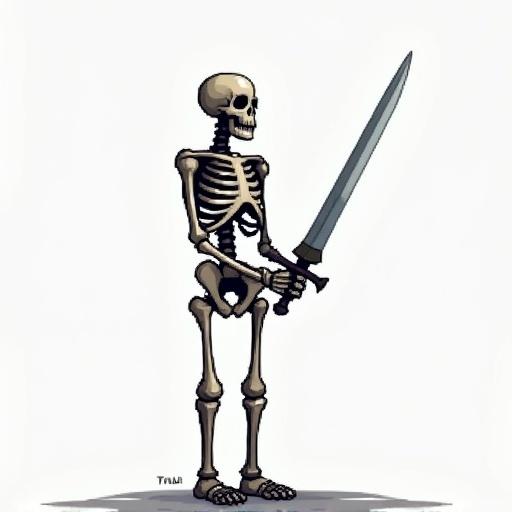 A skeleton stands at the ready for battle. He is facing to the right and primes his sword. The image features minimalist pixel art style with a transparent background, depicting a graphic suitable for video games.