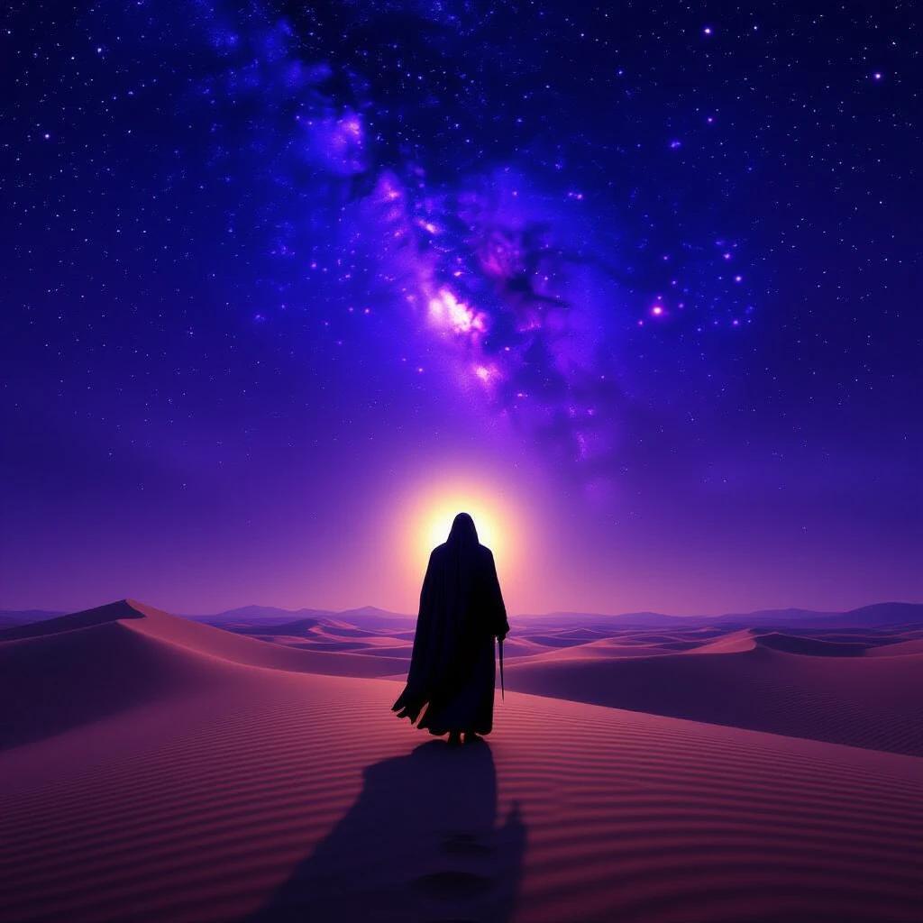 Cinematic Islamic scene set in a desert under a star-filled night sky. Solitary figure symbolizing Imam Hussain (a.s) in dark garments. Soft halo of divine light surrounds him. Shadow stretches over sands, reflecting serenity and faith. Distant tent outline hints at Ahl al-Bayt camp. Overall tone of solemnity and spiritual strength.