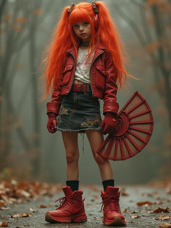 A girl sporting vibrant red hair stands confidently on a misty road. She wears a striking red leather jacket, a stylish blue skirt adorned with floral patterns, and bold red Nike Air Max shoes. In her right hand, she holds a distinctive Thunderdome fan, adding to her edgy look against the autumn backdrop. The scene conveys a sense of rebellious youth and individuality.