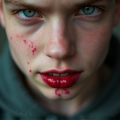 Closeup shot of a rebellious high school teenage boy with a buzz cut. Boy biting his lips with a wound and blood, nose bleeding, emotionless expression conveying a thug persona.