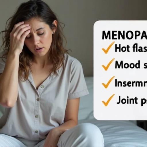 Woman sitting on the bed looking distressed. Hand on forehead. Light-colored shirt. Neutral room background. List with menopause symptoms: hot flashes, mood swings, insomnia, joint pain. Convey discomfort and concern.