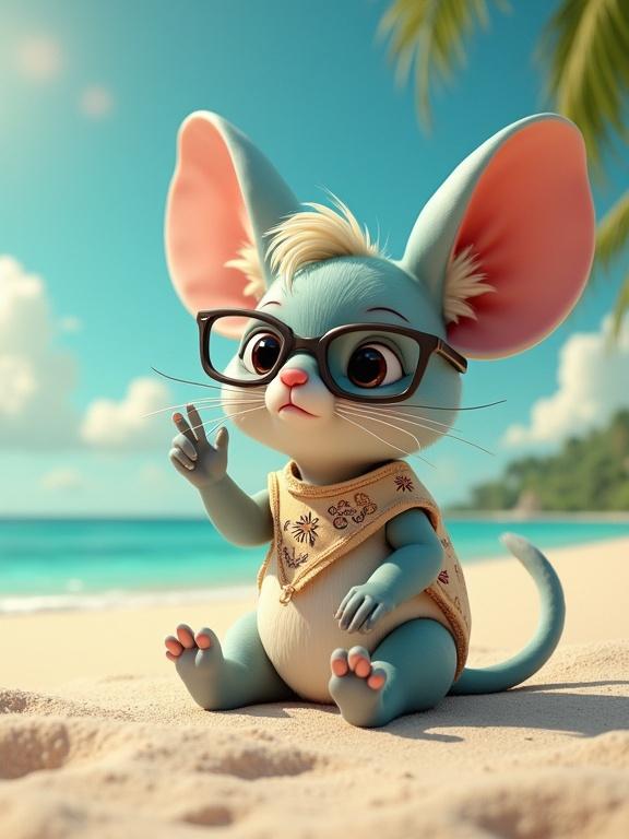 3D rendered artwork blends Pixar and Tim Burton styles. Features a squirrel with long hair wearing a headband and beige robe on the beach. Black sunglasses, making a peace sign while holding a peace pipe. Surrounded by white sand, turquoise water, and gently swaying palm trees, with a warm sunlit ambiance. Text 'FM challenge' at top, signature 'Babydolll' at bottom.