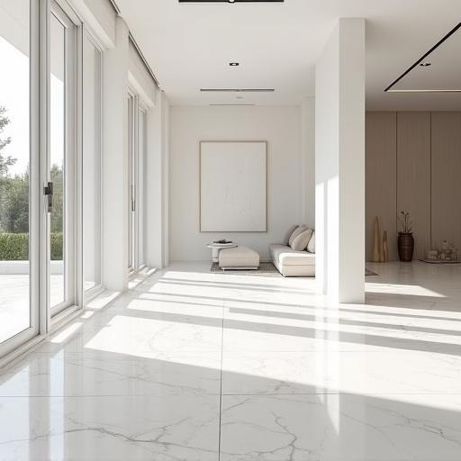 Minimalistic interior of luxury villa with polished white marble tiles. Reflective seamless floor with no furniture. Features include carpets, vases, and wall paintings. Bright natural lighting with modern architectural elements.