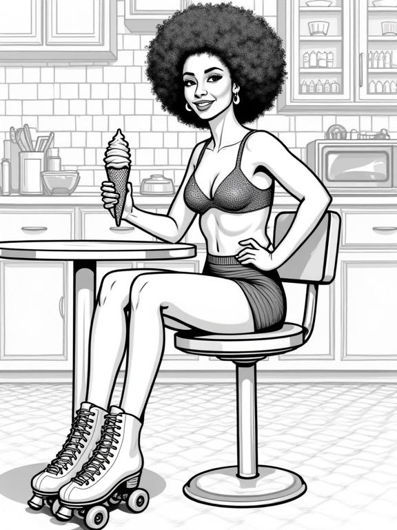 Create a black and white coloring page featuring a confident young adult woman with dark skin. She sits in a retro diner holding an ice cream cone. Her voluminous Afro hairstyle frames her face. The woman wears roller skates and has a cheerful expression. The image should maintain classic proportions and anatomical accuracy. Clothing features a sparkly bikini top and short shorts. The retro diner background should complement the figure. Use varying line weights in a vintage comic book style for detail.