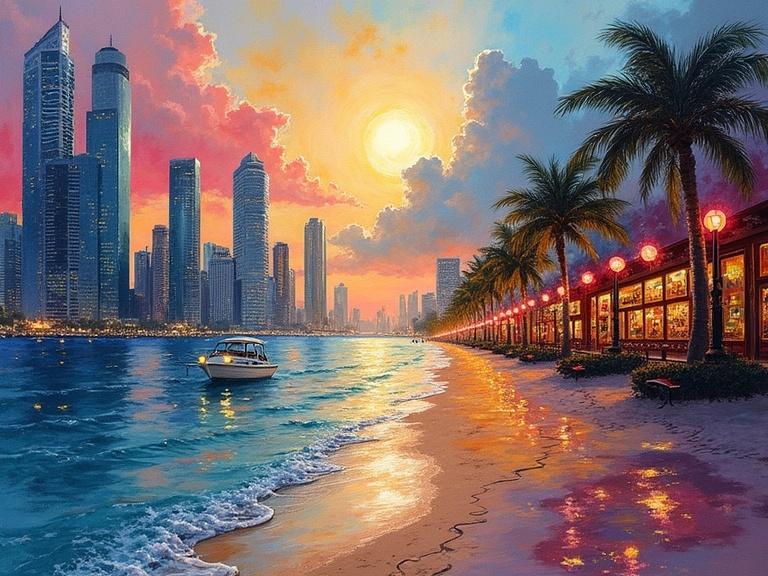 Dreamlike urban scene combining elements of New York City and Miami Beach. Captivating sunset with vibrant colors. Ethereal style blending watercolor and ink techniques.
