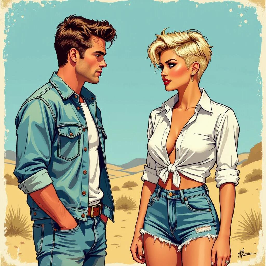 Comic-style image features a confident young woman standing opposite a famous male icon. The woman has short, punk-styled hair. She wears a knotted white shirt and ripped denim shorts. The scene is set in a desolate landscape under clear skies.