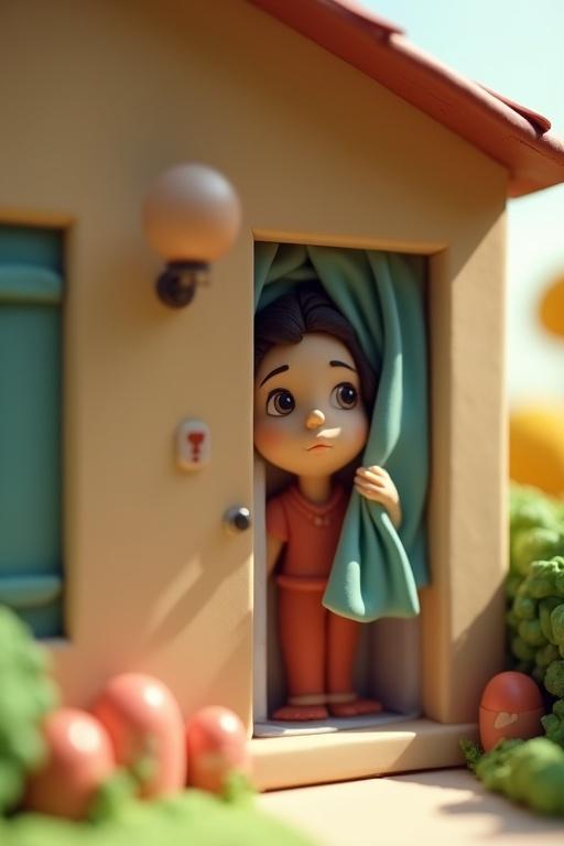 A claymation-style house showing the front. It has a main door and two windows. A clay woman peeks from behind the curtain of a large window. One eye, nose and mouth visible. Facial expression is worried and curious. Hand holding curtain open. Curtain moves gently in the breeze. Scene lit with soft morning light at 9 a.m. Handcrafted clay texture visible.