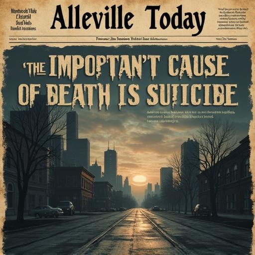 Dramatic front page of a newspaper. Headline states important cause of death. Cityscape shown at dusk. Background includes imagery of souls. Vintage textures with creases. Minimalist layout highlights the headline.