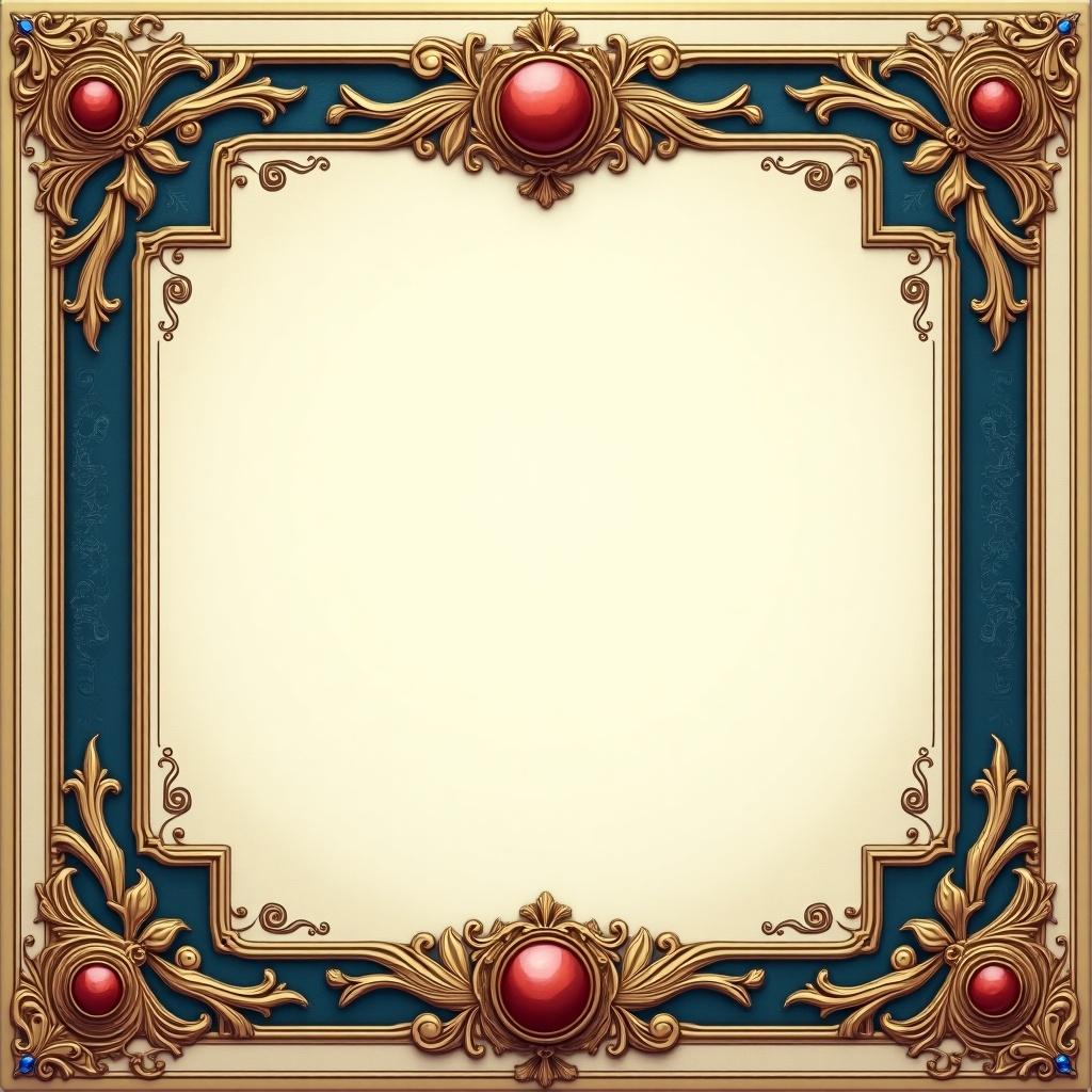 Intricate decorative card frame with golden accents and red gems. Designed for elegant presentations without any text.