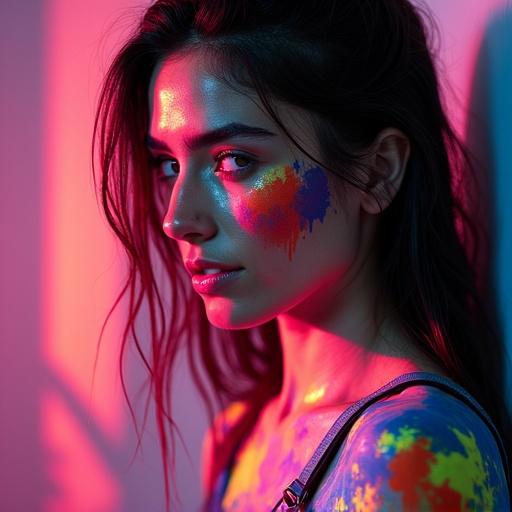 A portrait of a woman with colorful paint on her face and body. Neon lights create a vivid background. The woman looks directly at the camera. The scene is lively and artistic.