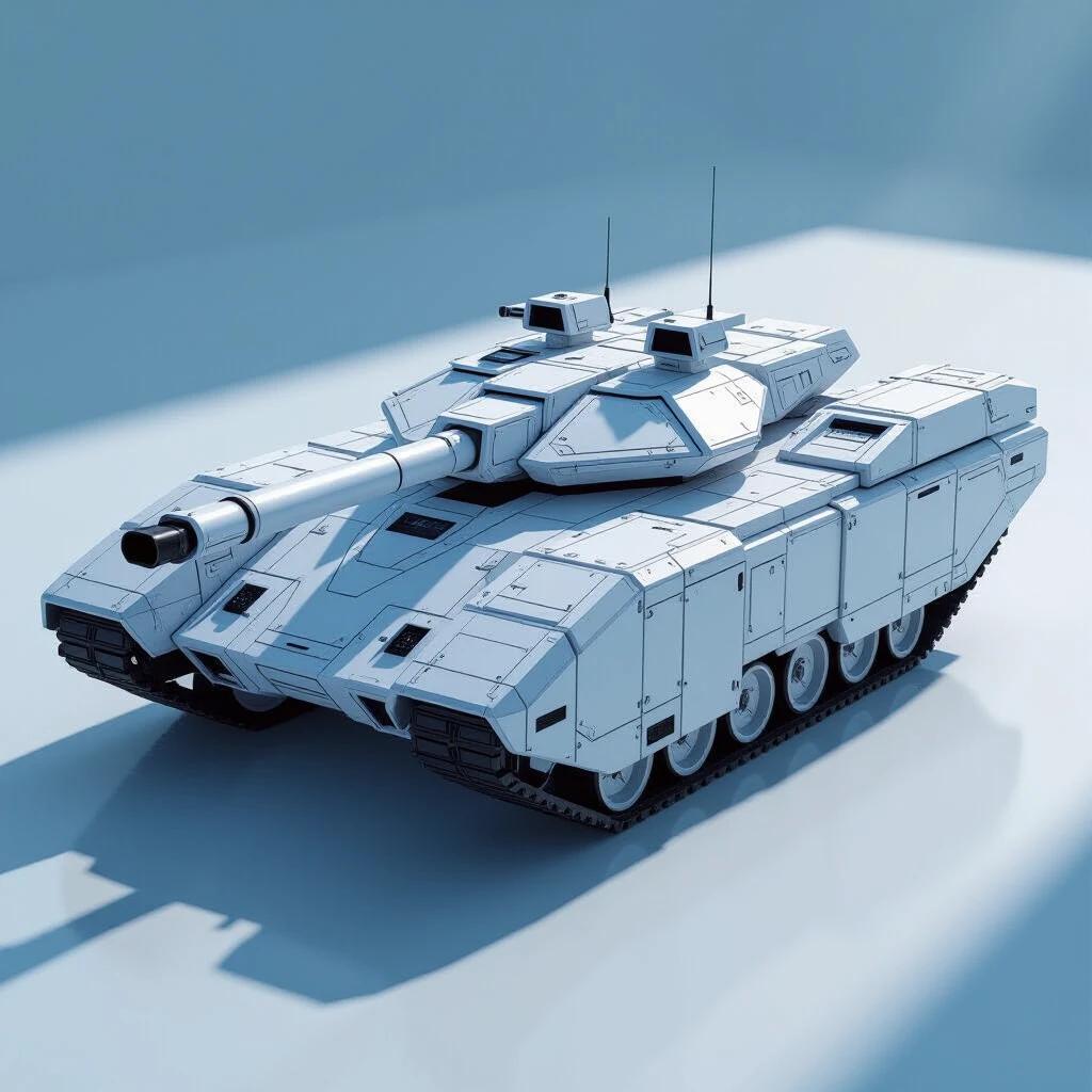 Sci-fi white blocky flat rectangle bevel huge battle tank with shadows realism details textures.
