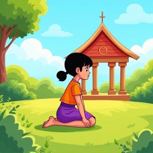A cheerful cartoon-style scene in vibrant colors. A young faceless girl with short black hair kneels on green grass. She wears an orange top and purple skirt. In the background, a small wooden house with five pillars and a red triangular roof. The setting includes trees and a blue sky with clouds. The design is suitable for a children's storybook about Islamic values.
