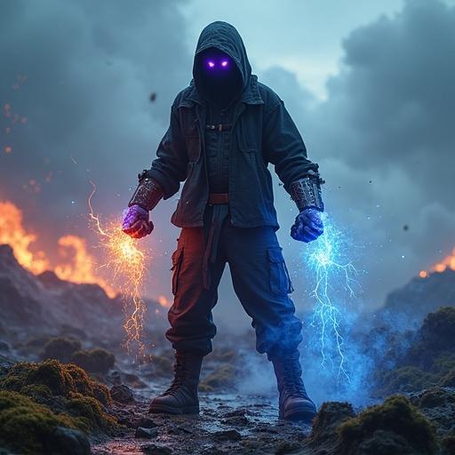 Dramatic portrayal of a character in a broken battlefield. Stormy sky above with purple eyes radiating psychic energy. Hooded jacket flares in the wind. Electricity at fingertips, flaming footprints on cracked earth. Air swirls with debris, moss grows on shattered stone. Metallic gauntlet on one hand, ground splits underfoot. Blue icy mist glows around fists. Elements swirl around—fire, electricity, wind, plant life, steel, ice—creating a vivid elemental force. Stance is powerful and focused.