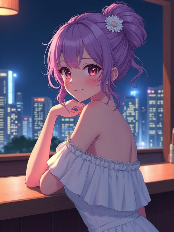Mature adult lady in semi-anime style at a bar counter. Night view of high-rise buildings in background. Wearing an off-shoulder white dress with decoration on the chest. Updo violet hairstyle with a white flower ornament. Gentle expression. Realistic depiction.