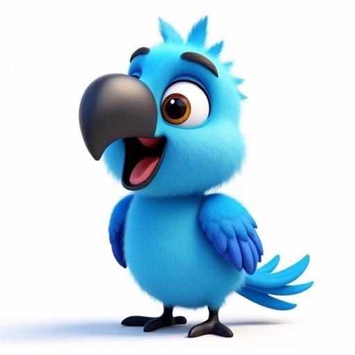 A friendly blue parrot cartoon character stands upright. Character faces slightly sideways. Features bright blue feathers and a large black beak. Has big expressive eyes and a cheerful smile. Detailed feathers on wings and tail are visible. Background is white. Image is high-resolution with vibrant colors and a 3D cartoon style. Suitable for children.