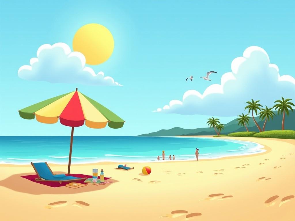 This flat illustration depicts a bright summer beach scene. The sky is clear, adorned with fluffy white clouds, and a large yellow sun radiates warmth. The ocean showcases calm, gradient waves in shades of blue and turquoise, cresting gently onto the soft golden sand. A vibrant beach umbrella stands in the foreground next to laid-out towels, while beachgoers enjoy their day. Footprints sprinkle the sand, a colorful beach ball rests nearby, and a seagull flies overhead, adding to the idyllic atmosphere. Distant palm trees frame the beach in the background.