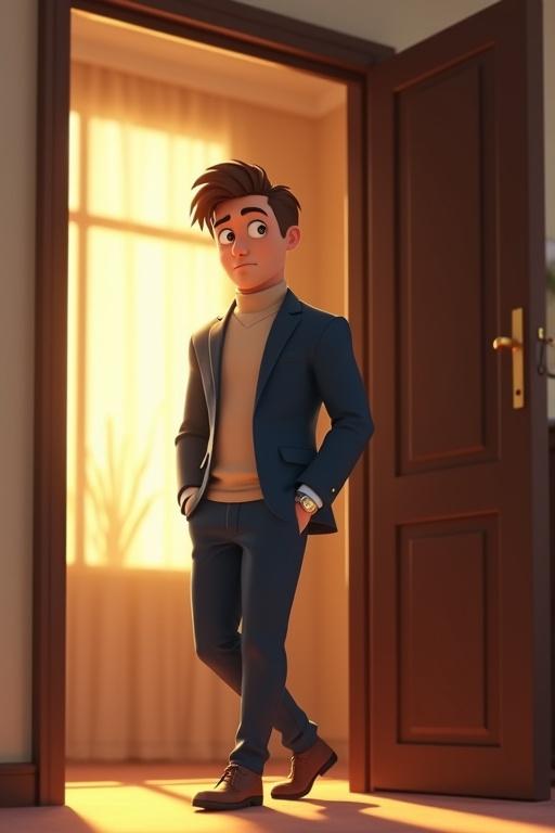 A cartoon scene in a Pixar-style animated universe. A man enters a softly lit living room with golden sunlight through the curtains. He is tall and handsome, with sharp features and hazel eyes. He wears a navy blazer and a beige turtleneck. His expression shows concern as he approaches his mother by an open safe. The scene has cinematic lighting and textures.