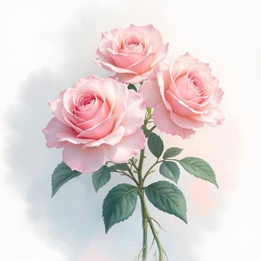 Beautiful painting of three light pink and white roses on a white background. Soft border of light pink and light aqua. No dark shadows. Bright and lit environment.