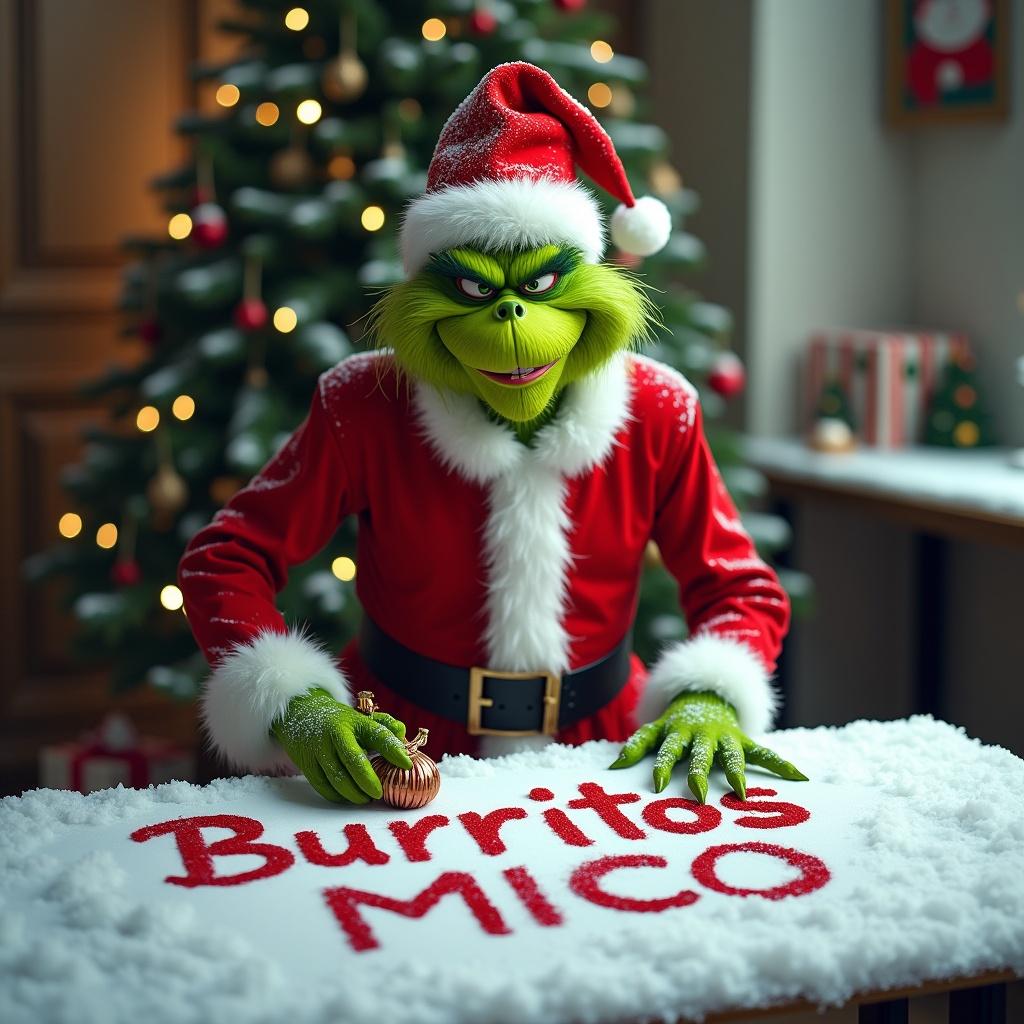 Grinch dressed in Santa Claus suit. Grinch smirks and holds a bag. Snow-covered table with the phrase 'Burritos MICO' in the snow. A decorated Christmas tree is visible behind.