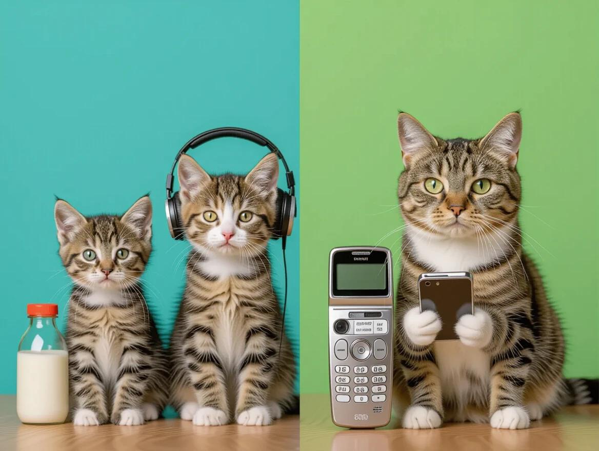 Split screen illustration showing the evolution of cats through generations. Left side shows a 1960s kitten with milk bottles. Right side features a 2020s cat with a smartphone. Include a 1980s cat with a Walkman and a 2000s cat with a flip phone. Theme showcases technology evolution. Use vibrant colors and a collage style reminiscent of David Hockney and Andy Warhol.