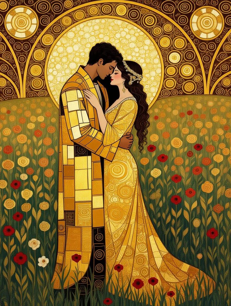 A romantic couple embraces wrapped in golden robes. They stand in a field filled with ornamental patterns. The artwork is inspired by Gustav Klimt. It features shimmering gold leaf and stylized mosaic forms. The lighting is soft, conveying symbolic love and unity. The style incorporates Art Nouveau flourishes and an ethereal glow. It appears as a beautiful oil painting.