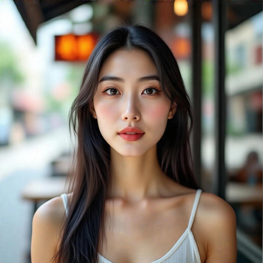 Natural photo of a young Chinese woman. She has long black hair and minimal makeup. The scene is outdoor at a restaurant during the day. The woman shows a gentle expression. The photo appears casually taken. Background shows hints of the restaurant.