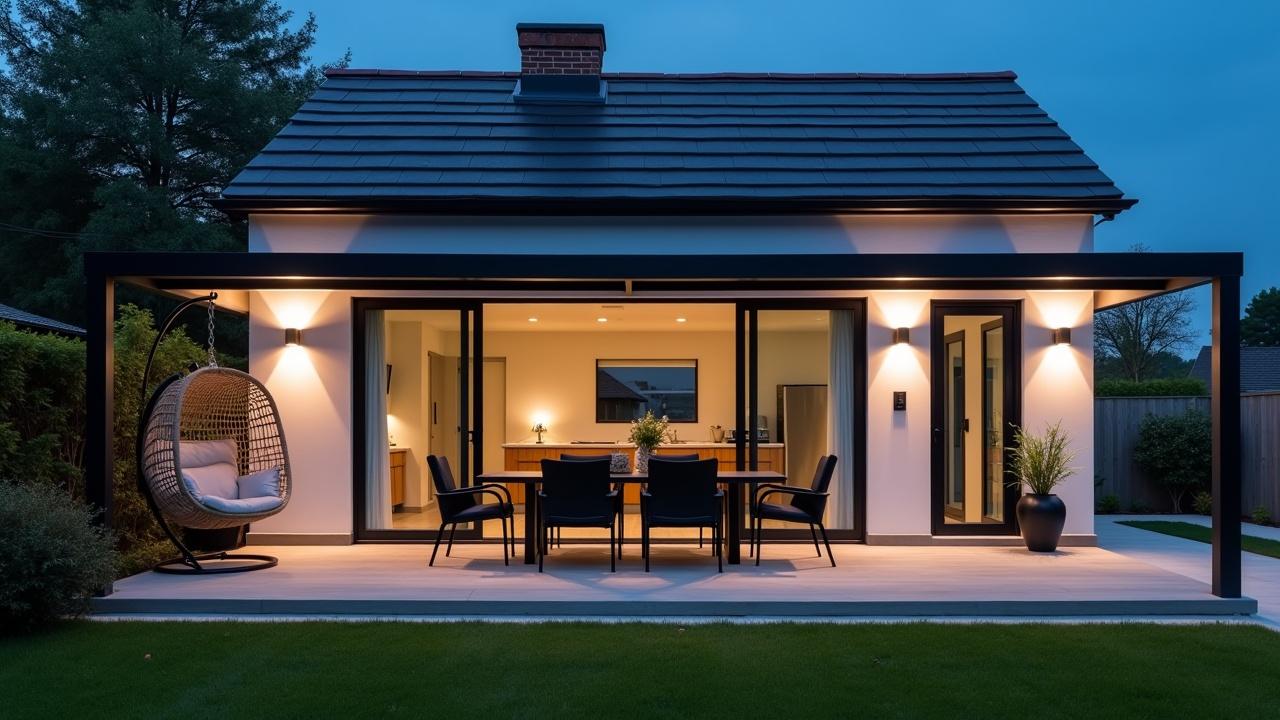 A modern outdoor patio area attached to a house is showcased in high detail photography. The patio features a black dining table with six chairs and a hanging wicker chair on the left. The house has white walls and a dark tiled roof. The scene is illuminated by wall-mounted lights against a dark blue evening sky, surrounded by a well-kept lawn and landscaping.