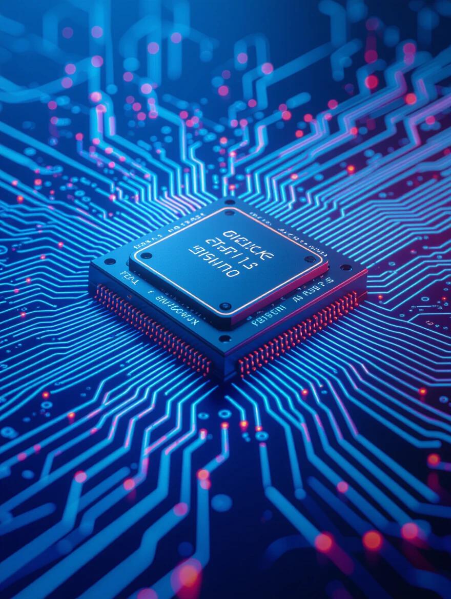 Closeup of a microchip on a circuit board. Mild blue background with red accents. Abstract representation of electronic engineering. Focus on the contrast between analogue and digital components.